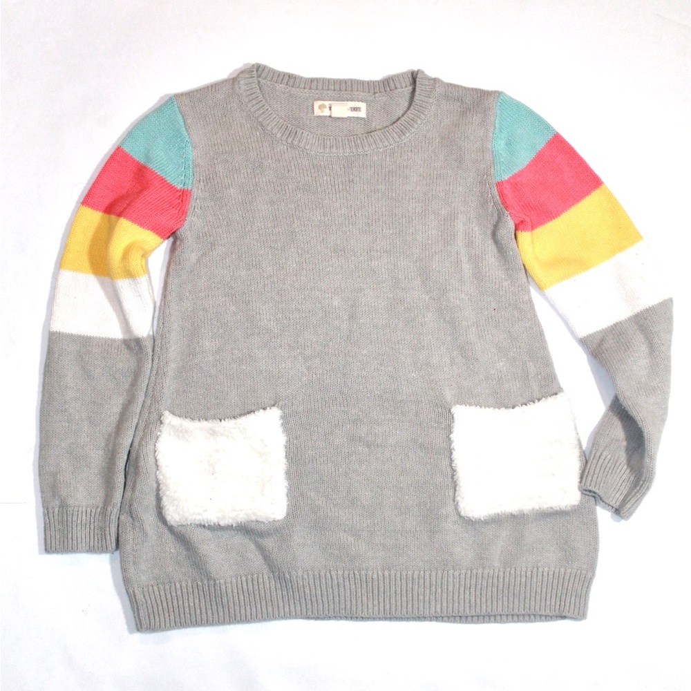 Tucker + Tate Gray Crewneck Sweater with Aqua, Pink, Yellow & White Stripes